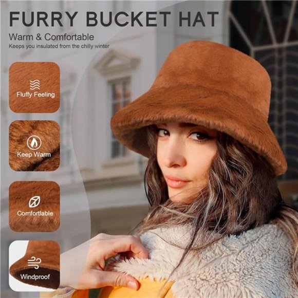 Women\'s Faux Fur Winter Bucket Hat Fluffy Warm Hat Furry Cap, Brown